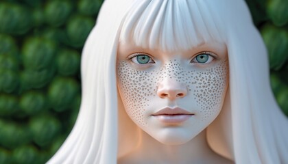 Close-up portrait of a young serene albino woman with unusual appearance. Face full of freckles.  Naive and pure look. Inclusion and diversity.