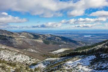 Guadarrama National Park (Parque Nacional de Guadarrama): Snow-capped Guadarrama Mountains (Sierra de Guadarrama) is a mountain range forming not far from Madrid in January 2024. MADRID, SPAIN.