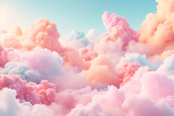 Abstract background. Fluffy colorful cloud shapes, pastel colors, pink, blue, orange, peach fuzz
