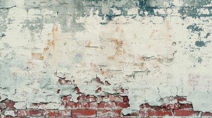 Obraz premium Empty Old Brick Wall Texture. Painted Distressed Wall Surface. Grungy Wide Brickwall. Grunge white Stonewall Background. Shabby Building Facade With Damaged Plaster. Abstract Web Banner. Copy Space.