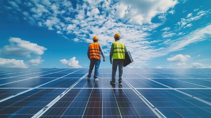 Engineers walking on roof inspect and check solar cell panel by hold equipment box and radio communication ,solar cell is smart grid ecology energy sunlight alternative power factory concept.