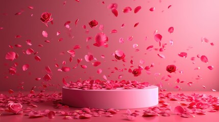 Podium in the pink background rose petals falling. Studio podium for product advertising. Stage stand. Blank podium. Display platform cosmetic and spa presentation