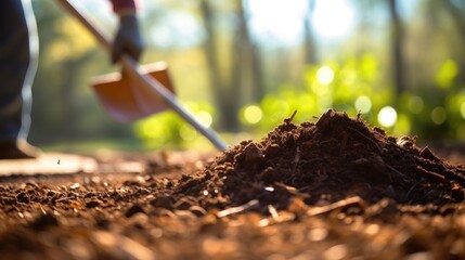 Closeup of a shovel being plunged into a pile of mulch by a young volunteer, ready to spread it around newly planted trees.