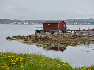 Reflections of a old wooden boathouse sitting out on the rocks at low tide  in the harbor at Fogo Island Newfoundland © Jorge Moro