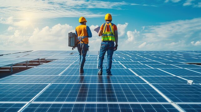 Engineers walking on roof inspect and check solar cell panel by hold equipment box and radio communication ,solar cell is smart grid ecology energy sunlight alternative power factory concept.