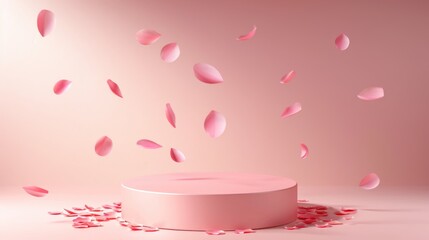 Podium in the pink background rose petals falling. Studio podium for product advertising. Stage stand. Blank podium. Display platform cosmetic and spa presentation