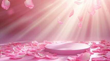 Podium in the pink background rose petals falling. Studio podium for product advertising. Stage stand. Blank podium. Display platform cosmetic and spa presentation