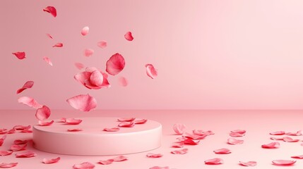 Podium in the pink background rose petals falling. Studio podium for product advertising. Stage stand. Blank podium. Display platform cosmetic and spa presentation