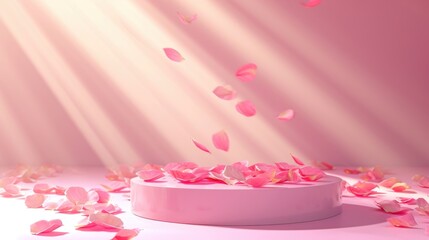 Podium in the pink background rose petals falling. Studio podium for product advertising. Stage stand. Blank podium. Display platform cosmetic and spa presentation
