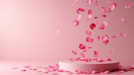 Podium in the pink background rose petals falling. Studio podium for product advertising. Stage stand. Blank podium. Display platform cosmetic and spa presentation