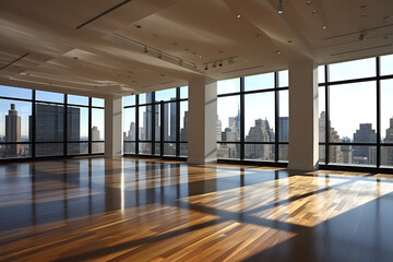 empty living room with view to city skyline	