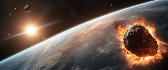 Obraz premium Asteroid burning up in space, with the earth in the background.