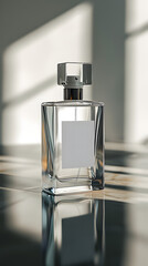 bottle of perfume with a blank white label on a glossy table mockup 