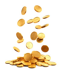 Falling Gold Coins on Pile Isolated on Transparent Background
