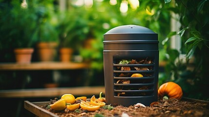 Closeup of a closed kitchen compost bin that uses a charcoal filter to prevent odors. - obrazy, fototapety, plakaty