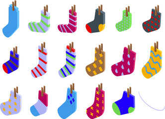 Clothesline sock icons set isometric vector. Drying rope pair. Hanging clothes
