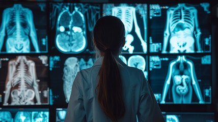 Fototapeta premium Back view of doctor focusing on digital screens displaying advanced human body scans