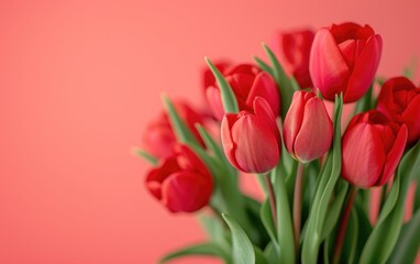 Fototapeta premium Red tulips on a pastel background with copy space