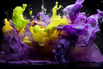 Neon green and intense violet liquids merging with explosive vibrancy, forming a dramatic and intense abstract display that captivates the senses, all captured by an HD camera