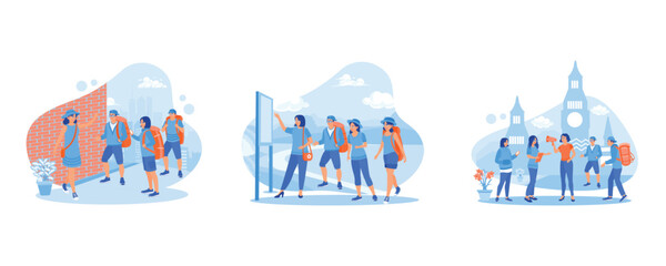 Fototapeta na wymiar Guide and group of tourists. Read maps of tourist areas. Tour guide girl. Tourist Guide concept. Set Flat vector illustration.