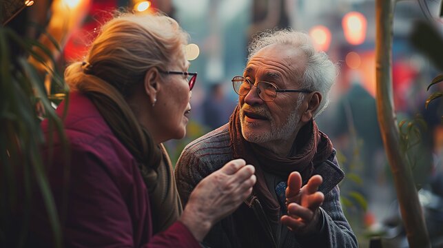 Two senior citizens wearing glasses enjoying a conversation in a public garden or park in the city, friends or old couple talking using their hands, they might be deaf and signing using sign language