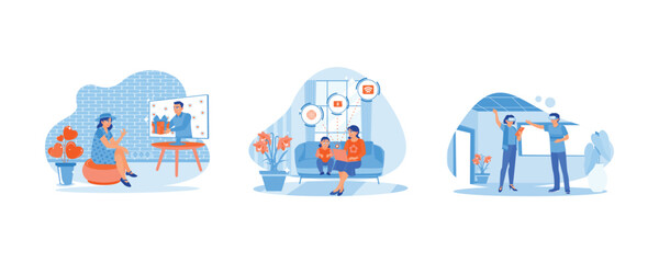 Fototapeta premium Long-distance relationships and virtual dating. Child and mother surfing the internet. Couple in virtual glasses. Virtual Relationships concept. Set Flat vector illustration.