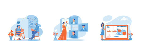 Online Dating concept. Online dating with a fake boyfriend. Woman visits online dating site. Set Flat vector illustration.