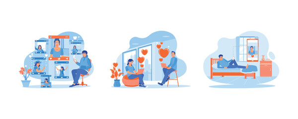 Online Dating concept. Visit online dating sites. Couples send love messages to each other. Man looking at a photo of girl. Set Flat vector illustration.