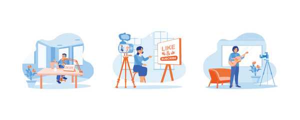 Content Creator concept. Online streaming of a conversation. Young female vlogger. Music Youtuber. Set Flat vector illustration.