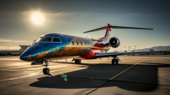 An executive plane parked on the tarmac of a business airport . The background is a mix of bright colors and patterns, and there s a sense of movement in the lines and shapes. The color temperatureis