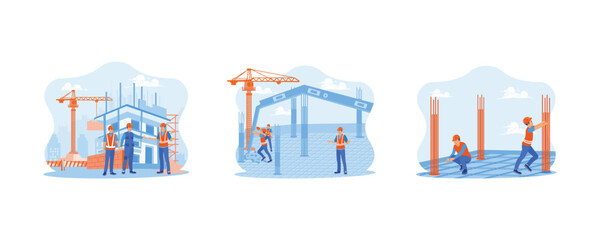  Architect and engineer construction concept. Construction team working on building project. Inspect and work on building sites of outdoor structures. set flat vector modern illustration 