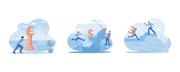  Pushing the pound money symbol on the chess board. Entrepreneurs jump from one cliff to another. Bad boss with a megaphone. set flat vector modern illustration 