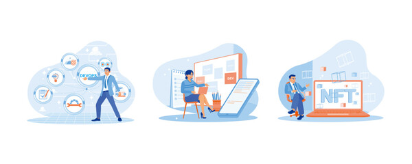APP devs concept. I am touching the DEVOPS button on the virtual screen. Female IT developer sitting in a chair at work. Businessman showing NFT hologram. set flat vector modern illustration 