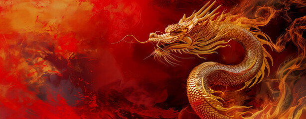 A banner with copy space featuring a golden dragon and red background. Chinese New Year concept - obrazy, fototapety, plakaty