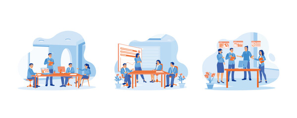 Business owners lead informal internal business meetings. Senior female CEO discussing company presentation at the meeting table. Planning and discussing new projects during meetings in the office. 