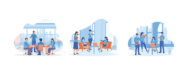 Business people in office workplace concept. Meetings with colleagues, discussions with colleagues. set flat vector modern illustration 