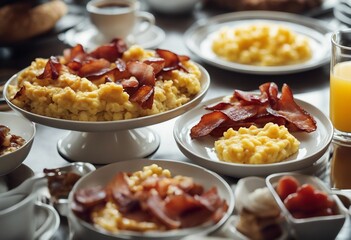Breakfast buffet with scrambled eggs and bacon