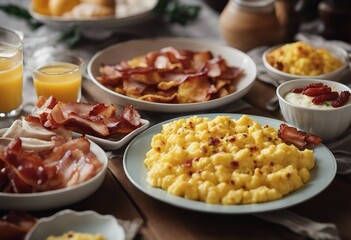 Obraz na płótnie Canvas Breakfast buffet with scrambled eggs and bacon