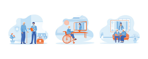  Elderly patient concept. Elderly patient wearing a mask. Senior man consulting online. Consult about health with a female doctor. set flat vector modern illustration 