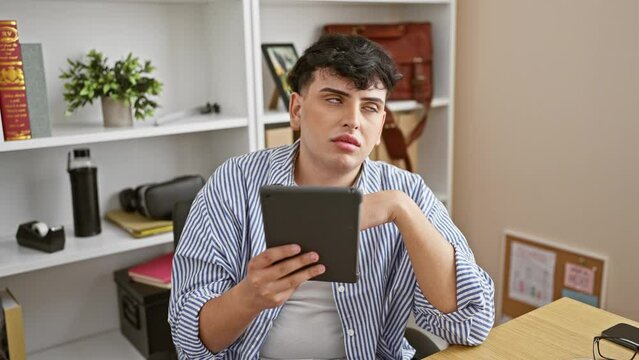 A young man in a striped shirt is using a tablet thoughtfully in a modern office setting.