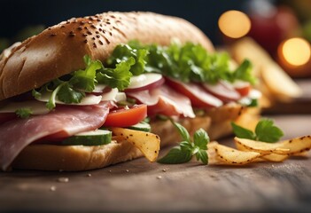Italian sub sandwich with chips - obrazy, fototapety, plakaty