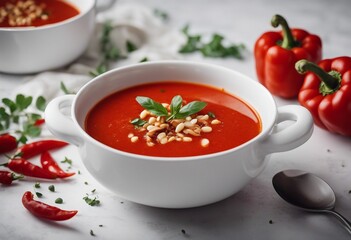 Roasted red pepper soup in white bowl