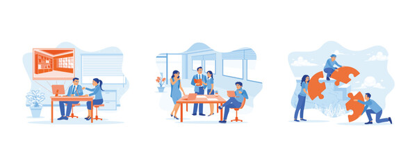 Obraz premium Employee Making concept. Create an interior design. Discuss and exchange ideas. Put the puzzle together correctly. set flat vector modern illustration 