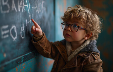 A curious young child, glasses perched on their nose, points to chalk-written characters on a blackboard, embodying the spirit of early education and the joy of learning.