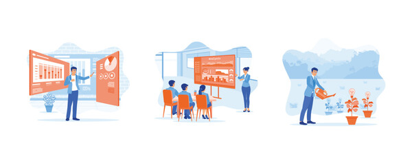 Growth Analysis concept. The projector screen displays graphs, data, and statistics. The female chief analyst leads the meeting. Concept of career growth towards success. 