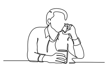 Businessman relaxing drinking coffee and talking on his cell phone. Continuous line drawing. Vector concept