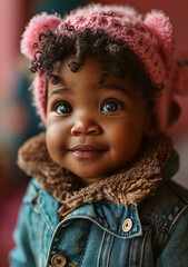 Portrait of baby girl in winter jacket and pink  hat