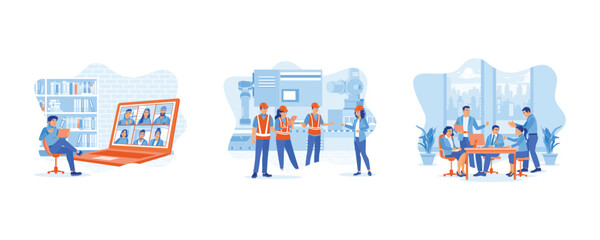 Briefing concept. Young businessman holding an online meeting. Briefing at a heavy industrial manufacturing plant. Five diverse company staff gathered. set flat vector modern illustration 