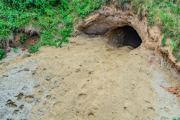 Entrance to a cave in the mountain. Mountain cave entrance