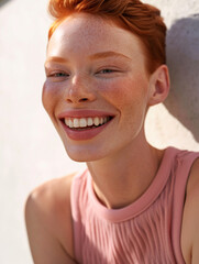Happy carefree young redhead woman with a cute grin posing with her hands over her head and eyes closed on a studio background with copy space